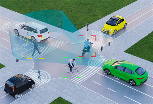 3D illustration of an intersection showing cars detecting pedestrians and cyclists, visualizing the complex sensing capabilities marketed in higher-tier L2 systems.