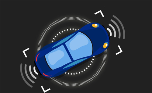 Top-down illustration of a car with surrounding sensor signals, showing advanced autonomous driving perception capabilities.