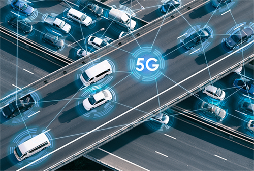 Highway traffic with cars connected via 5G, illustrating V2X communication enabled by 5G-A technology