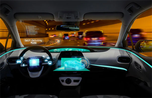 Self-driving car cockpit with AR overlays showing traffic detection, illustrating how high-TOPS chips enable complex perception tasks.