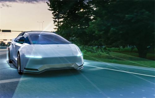 A futuristic self-driving car with LiDAR sensor beams, representing the advanced perception capabilities supported by V2X to prevent collisions.