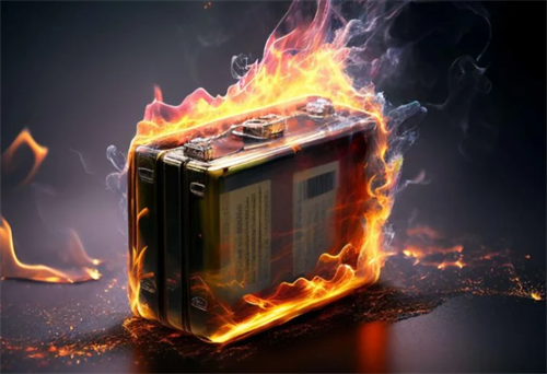 A lithium-ion battery pack engulfed in flames, representing the safety hazard of local overheating during fast charging.