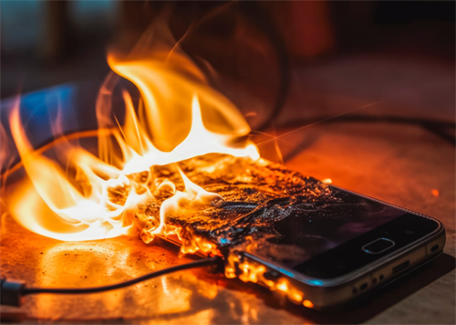 A smartphone catching fire, illustrating the risk of thermal runaway caused by battery overheating during charging.