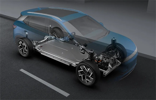 Cutaway view of an electric vehicle revealing its skateboard chassis and integrated battery pack, highlighting new component opportunities for traditional auto parts suppliers.
