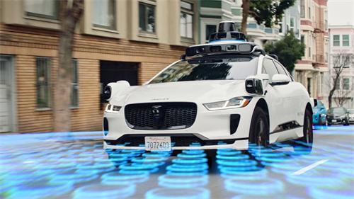 Waymo self-driving robotaxi sedan with lidar sensor rig and visualized LiDAR scanning overlay
