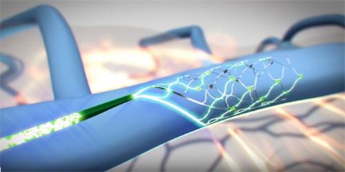 3D render of medical stent with visualized biotech molecular network inside blood vessel