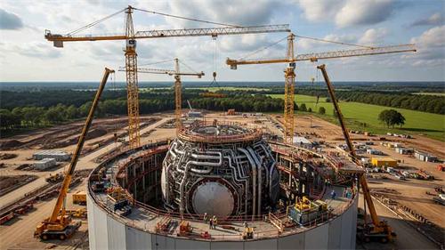 Aerial construction photo of the ITER fusion reactor tokamak building site with tower cranes