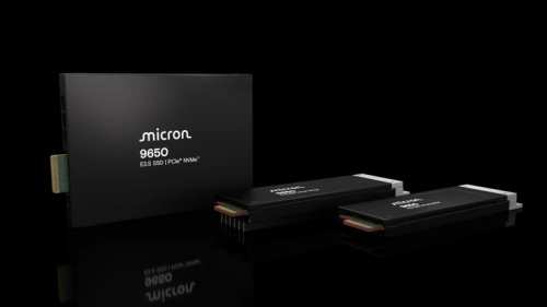 Micron 9650 EDS enterprise SSD products on black reflective background